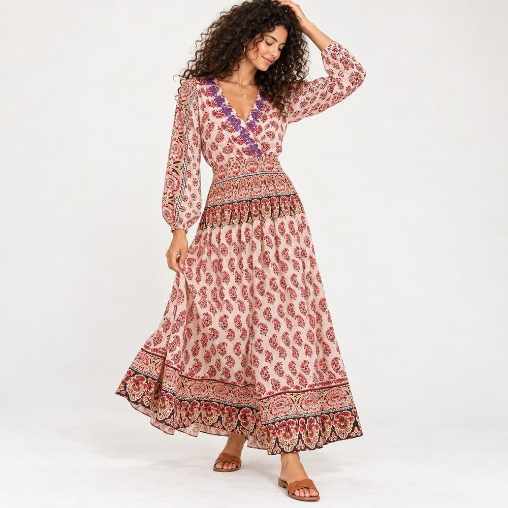 RAGA NWT Boho Floral Embroidered Maxi Dress Sz XS